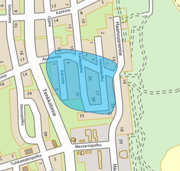 map of Ajuksentie, Kaivotie, Kankaantie and Valimopolku