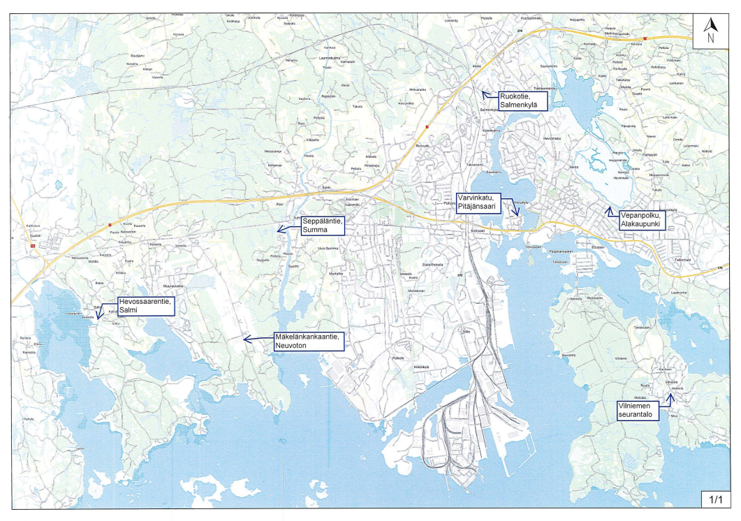 A map showing current public water hydrants in Hamina: Hevossaarentie in Salmi, Mäkelänkankaantie in Neuvoton, Seppäläntie in Summa, Varvinkatu in Pitäjänsaari, Ruokotie in Salmenkylä, Vepanpolku in Alakaupunki and Vilniemen seurantalo in Vilniemi. 